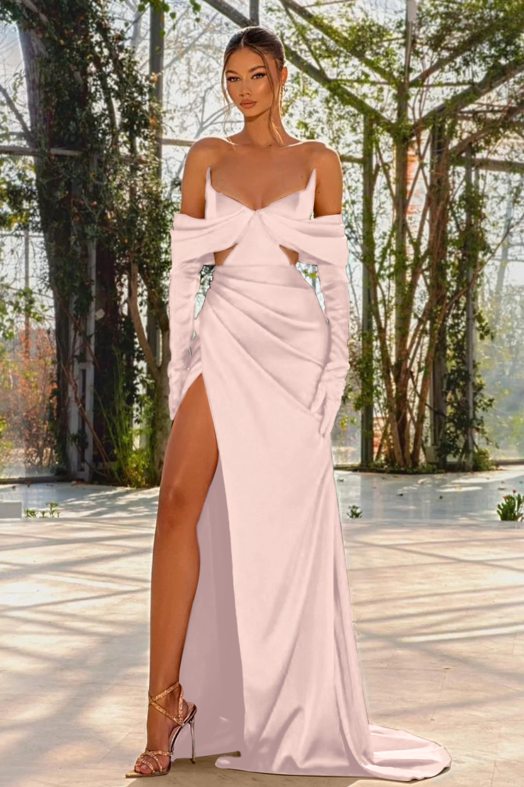 Off the Shoulder Prom Dress Red Half Sleeves With Slit Pleated Gloves