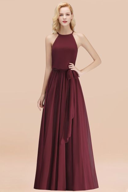 BMbridal Affordable Halter Bow Long Bridesmaid Dress Modest Burgundy Chiffon Wedding Party Dress-BMbridal
