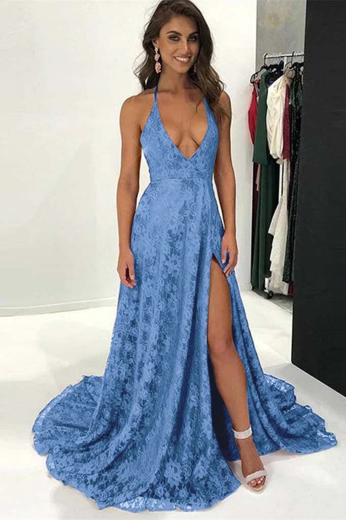 Burgundy Modern Halter Deep V Neck Backless Long Lace Prom Dress With Split