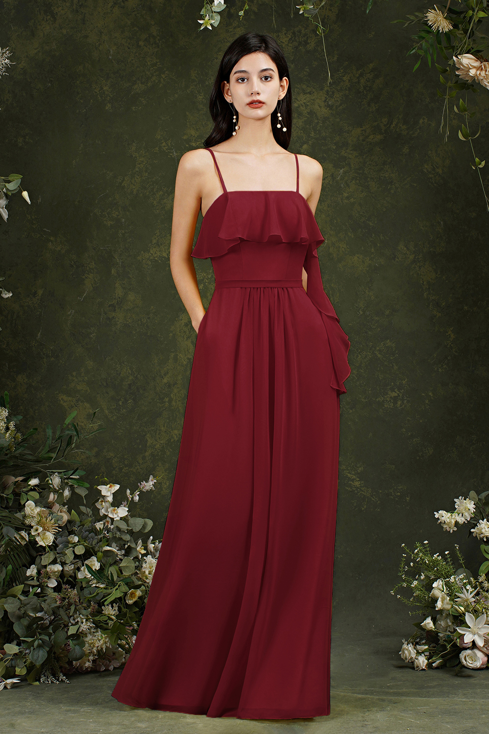 Bmbridal Spaghetti-Straps Bridesmaid Dress Chiffon With Pockets Ruffles-BMbridal