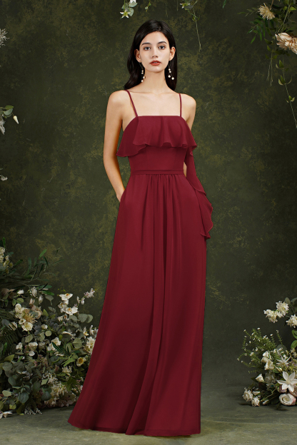 Bmbridal Spaghetti-Straps Bridesmaid Dress Chiffon With Pockets Ruffles-BMbridal
