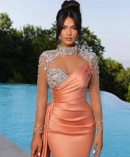 Prom Dress Long Mermaid Satin With Trail Beadings Long Sleeves Purple