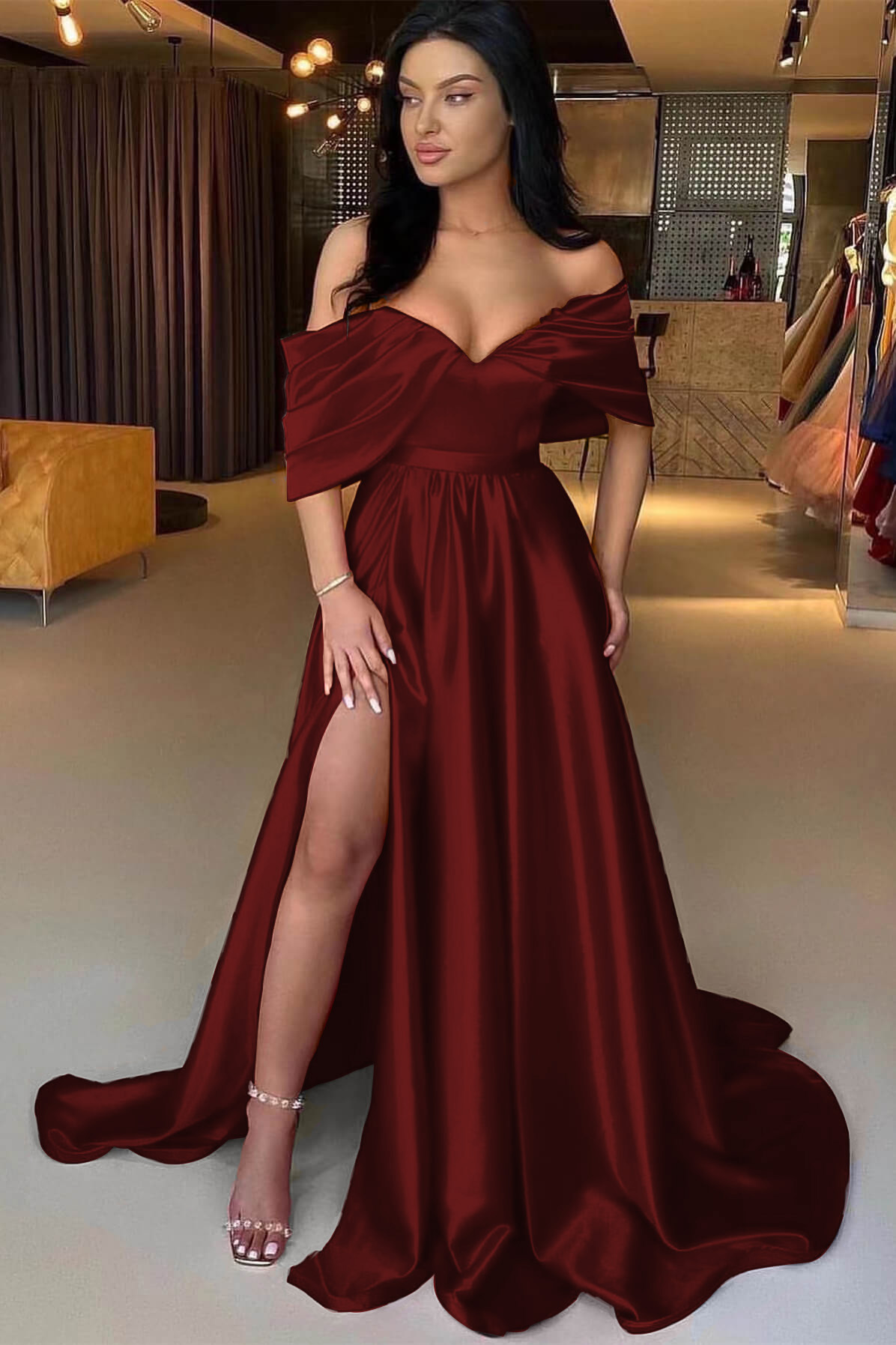 Charming Red A Line Off the Shoulder Strapless Long Prom Dress With Split