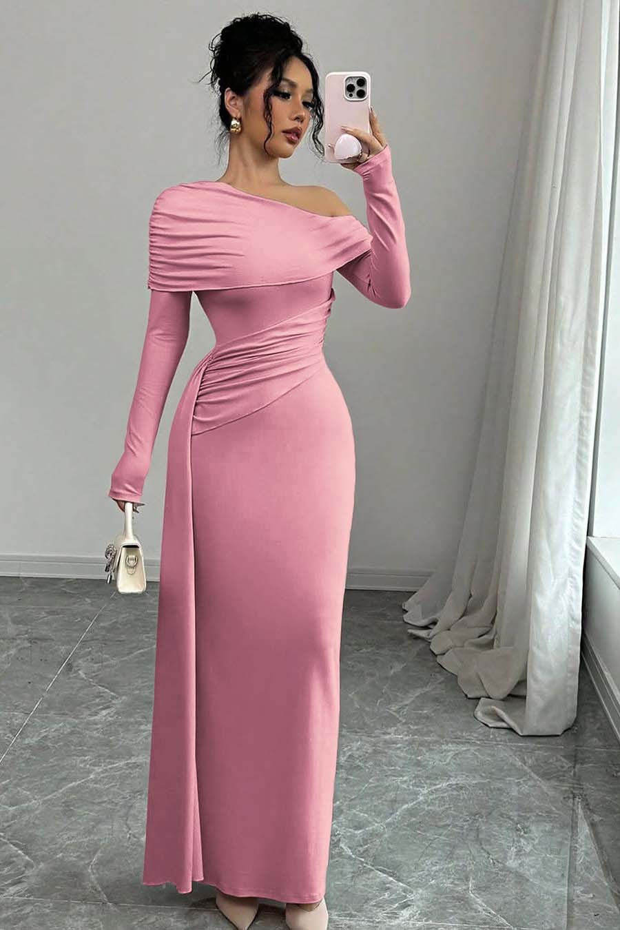 Off the Shoulder Long Sleeves Long Mermaid Prom Dress With Ruffles