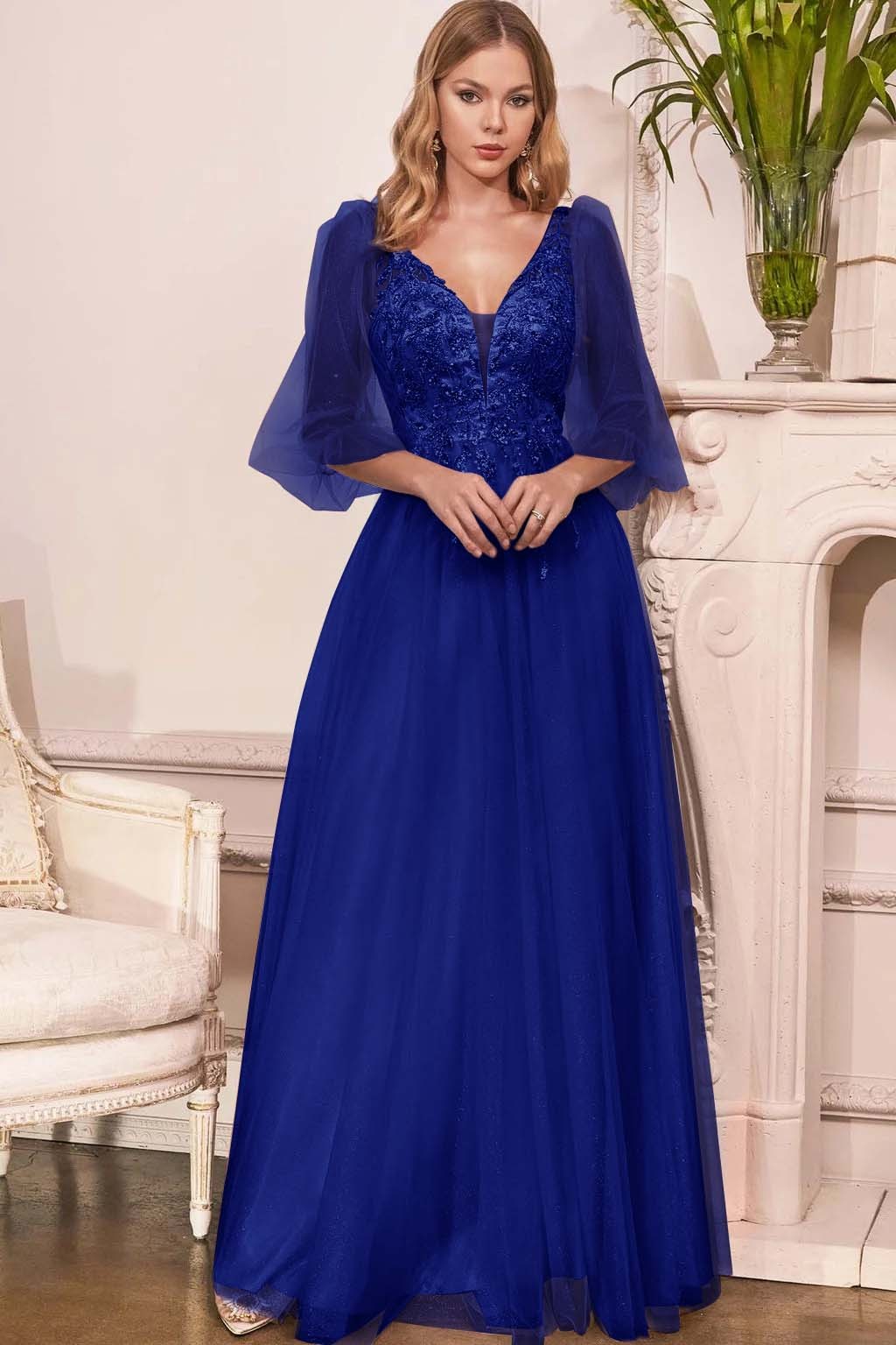 Charming Tulle V Neck Sleeveless Long Prom Dress With Appliques