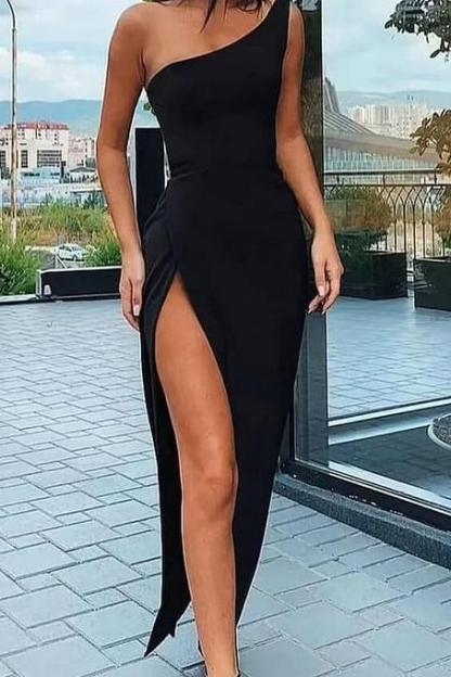 Elegant Black Front Split Evening Dress Online With Sleeveless One Shoulder
