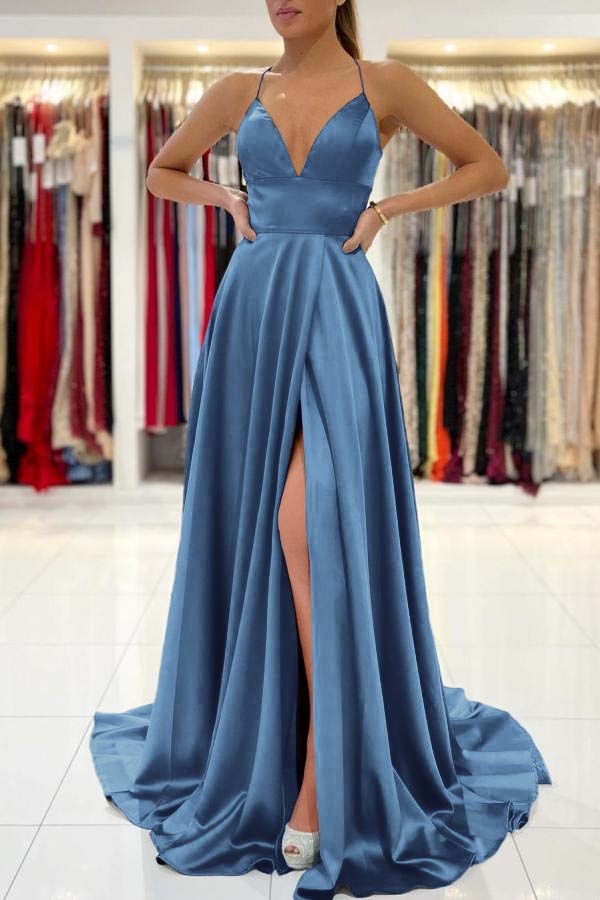 Stunning Royal Blue Modern Sleeveless V Neck Prom Dress With Front Split