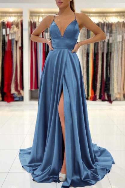 Stunning Royal Blue Modern Sleeveless V Neck Prom Dress With Front Split