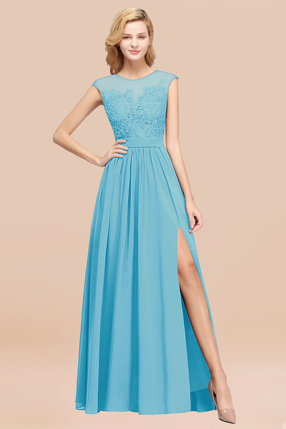 BMbridal Affordable Scoop Lace Appliques Yellow Bridesmaid Dresses with Slit-BMbridal