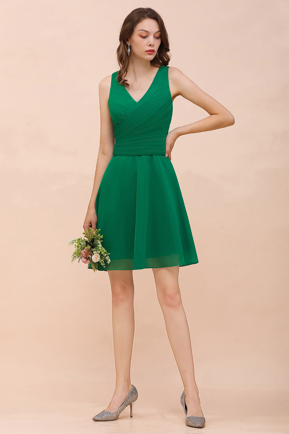 BMbridal Affordable V-Neck Sleeveless Ruffle Short Bridesmaid Dress-BMbridal