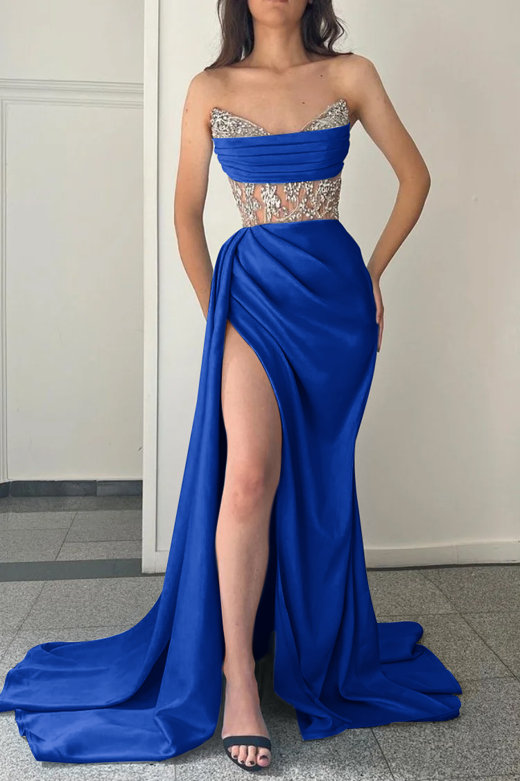 Modern Sky Blue Strapless Mermaid Prom Dress Split With Beading