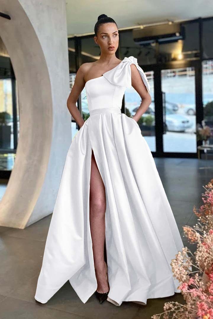 One Shoulder Sleeveless Long Split Prom Dress With Pockets Pleated