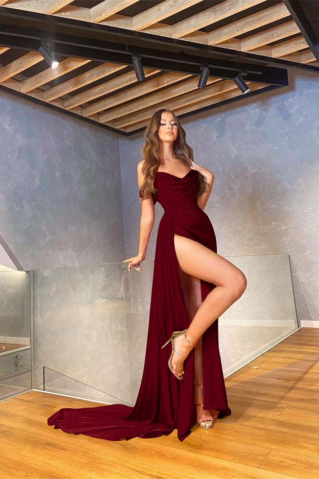 Off the Shoulder Sleeveless High Split Red Long Prom Dress With Pleated