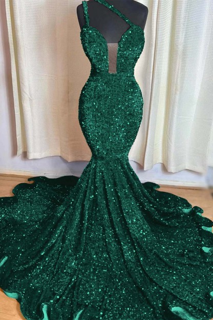 Red Mermaid Sleeveless One Shoulder Prom Dress Sweetheart Elegant Sequins