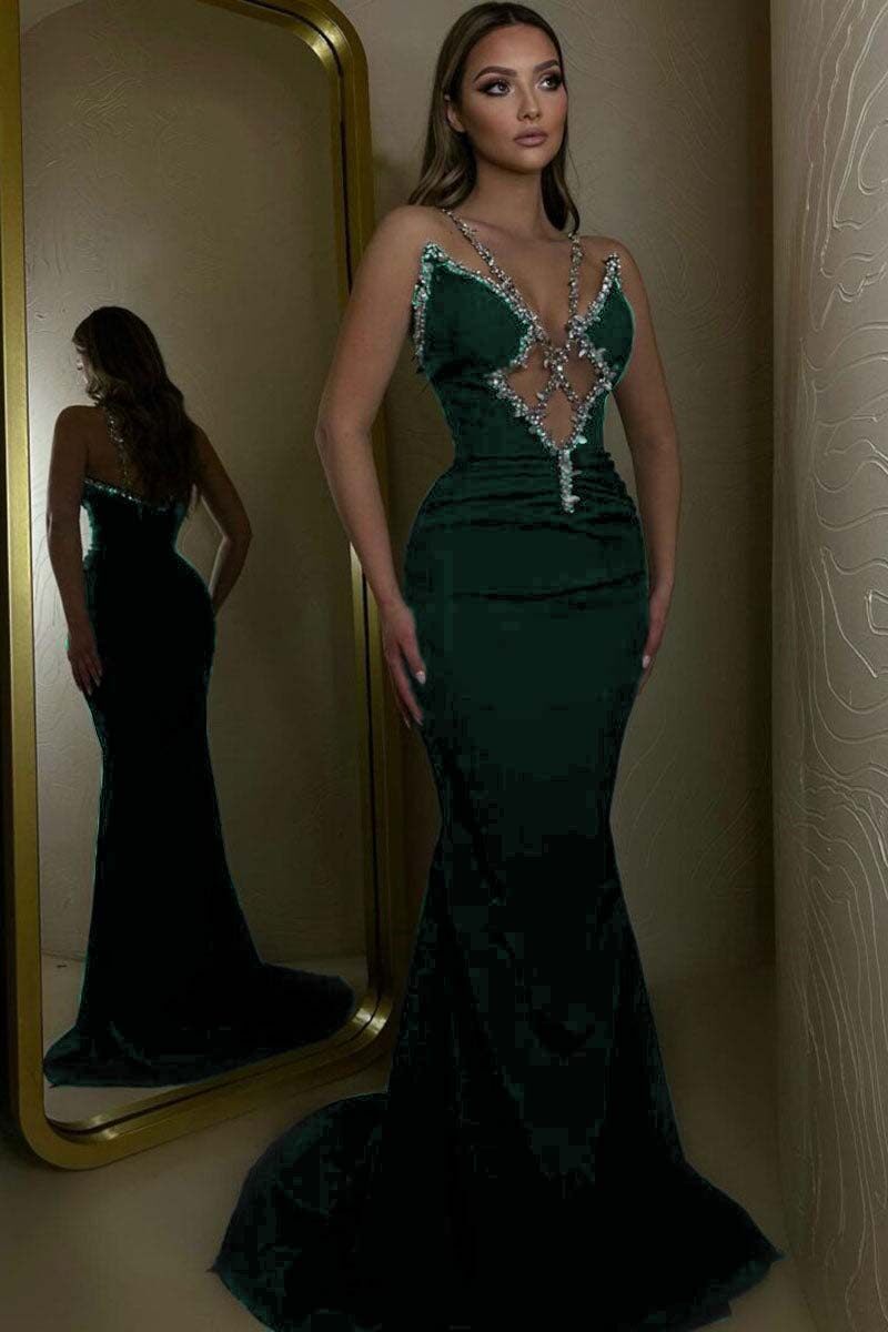 Spaghetti Strap Sleeveless Long Mermaid Prom Dress With Beading