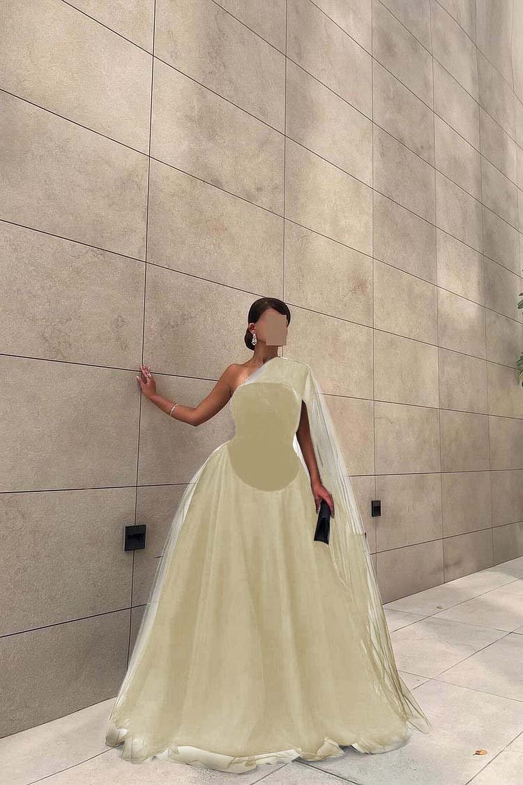 Chic Black Tulle One Shoulder Sleeveless Ball Gown Long Prom Dress