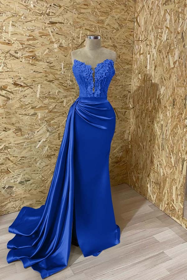 Sleeveless Strapless Mermaid Prom Appliques Dress With Split