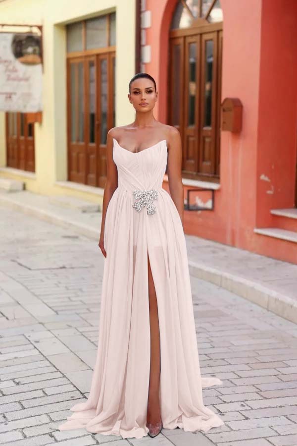 Strapless Sleeveless Long Split Prom Dress With Pleated Beading