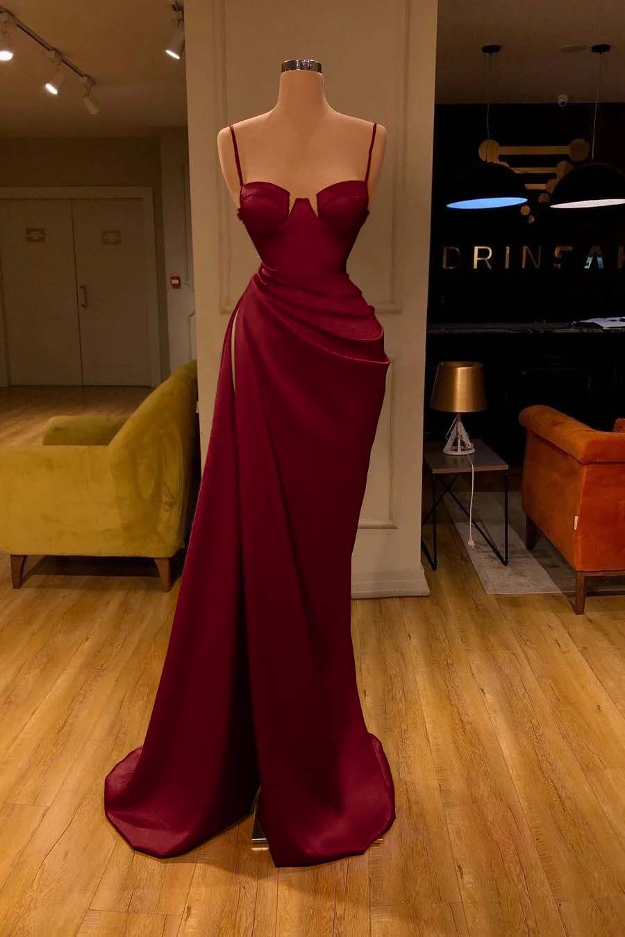 Mermaid Red Spaghetti Strap Sleeveless Pleated Prom Dress With High Split