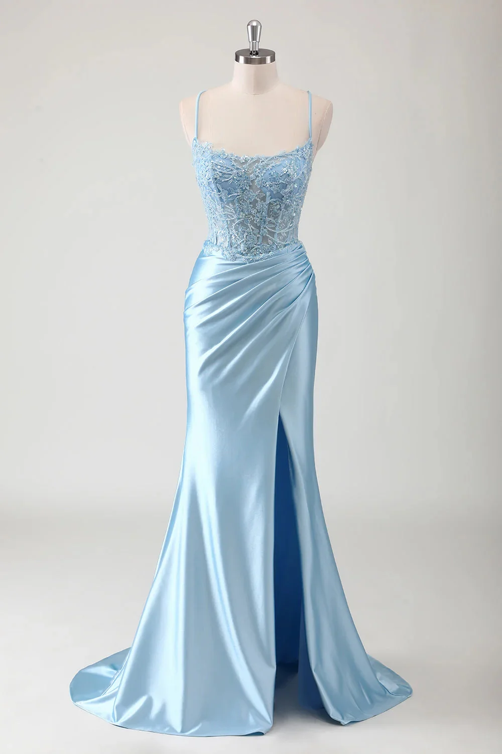 Spaghetti Strap Sleeveless Long High Split Prom Dress With Appliques