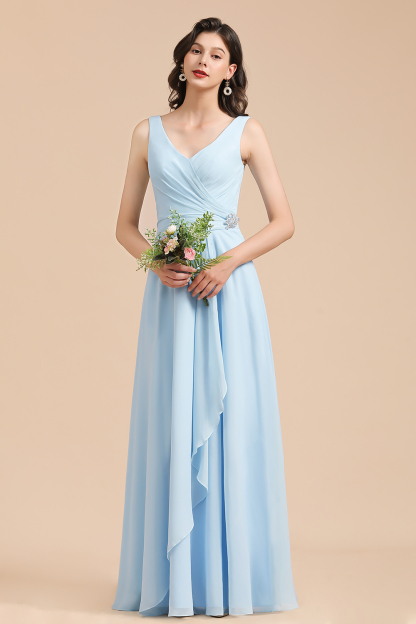 BMbridal Sky Blue Chiffon Long Bridesmaid Dress Ruched-BMbridal