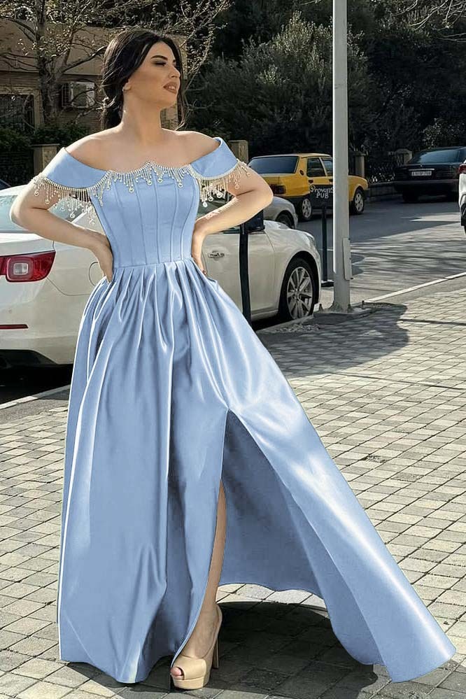 Off the Shoulder Sleeveless Long Split Prom Dress With Pleated Beading