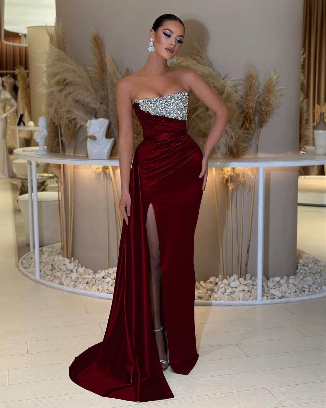 Charming Strapless Sleeveless Beading Sleeveless Split Prom Dress with Ruffles