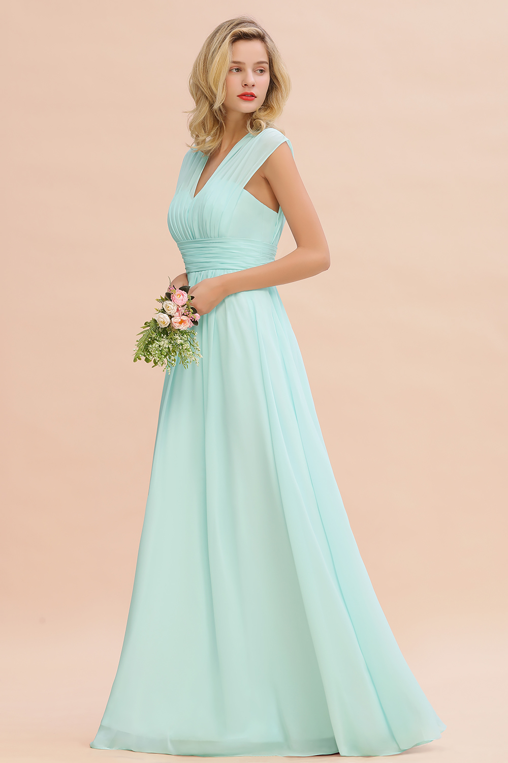 BMbridal Elegant Chiffon V-Neck Ruffle Long Bridesmaid Dresses Affordable-BMbridal