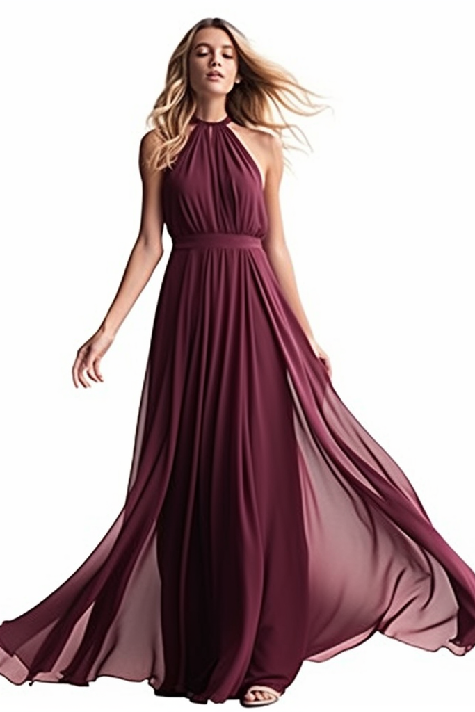 Chiffon Prom Dress Halter Purple Sleeveless Long Pleated Ruffles
