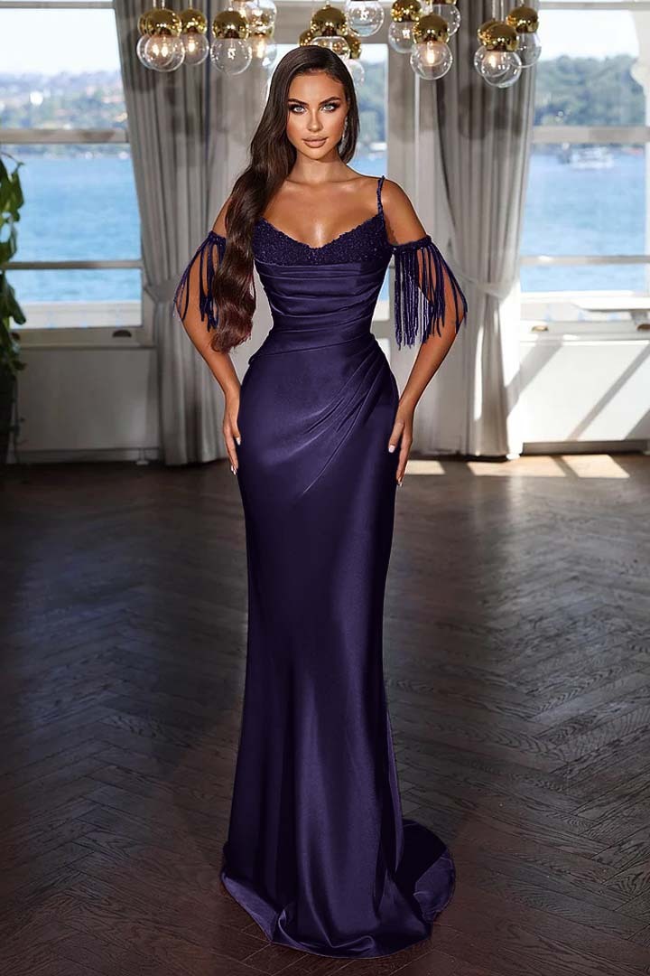 Off the Shoulder Sleeveless Mermaid Long Prom Dress With Tassel
