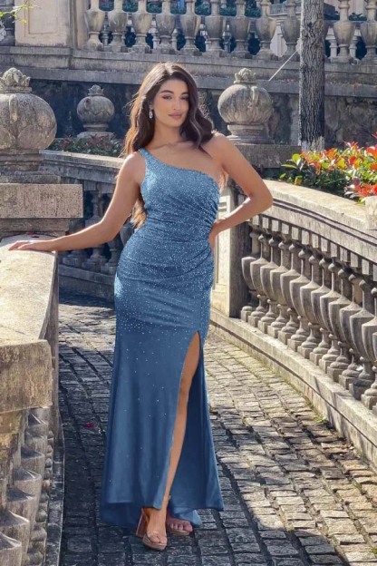 One Shoulder Sleeveless Long Mermaid Prom Dress With Split Beading