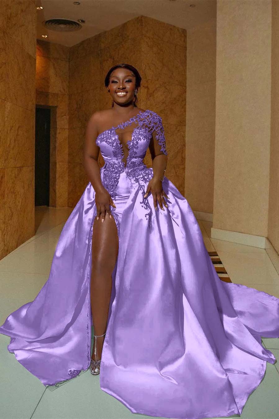 One Shoulder Sleeveless Long Split Prom Dress With Appliques