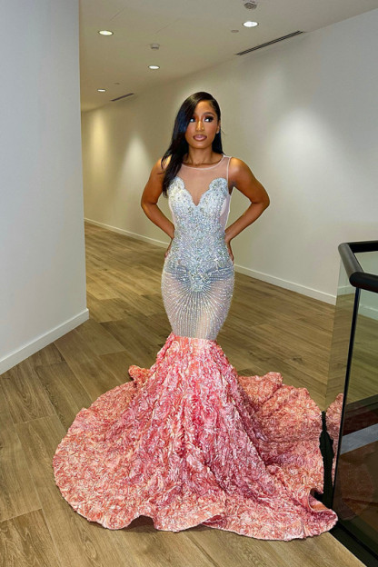 Crew Neck Sequins Sleeveless Flower Mermaid Princess Prom Dress Splicing Trumpet