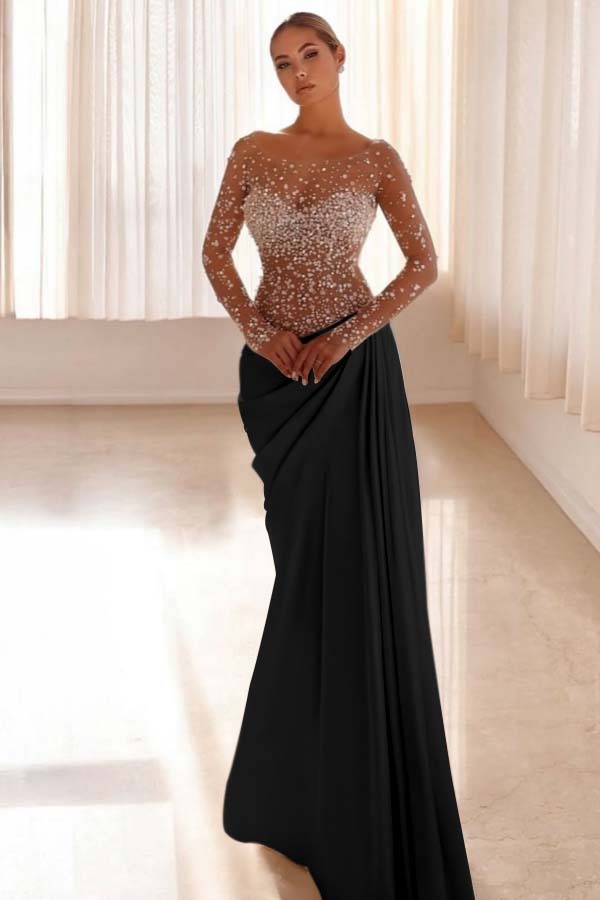 Jewel Neck Long Sleeves Long Mermaid Prom Dress With Pleated