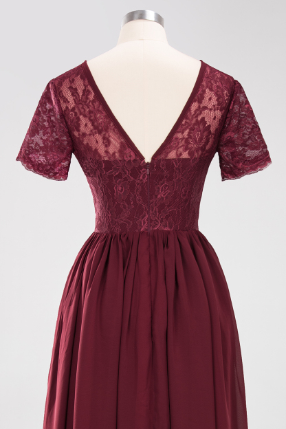 BMbridal Elegant Dark Navy Long Lace Bridesmaid Dresses with Short-Sleeves-BMbridal