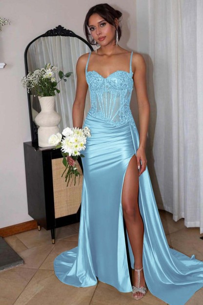 Spaghetti Strap Sleeveless Split Long Mermaid Prom Dress With Appliques