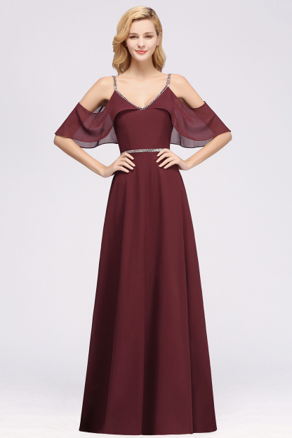 BMbridal Burgundy Cold-shoulder Long Bridesmaid Dress With Half Sleeve-BMbridal