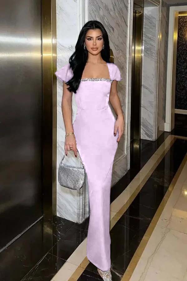 Sleeveless Square Neck Long Mermaid Prom Dress With Pleated Beading