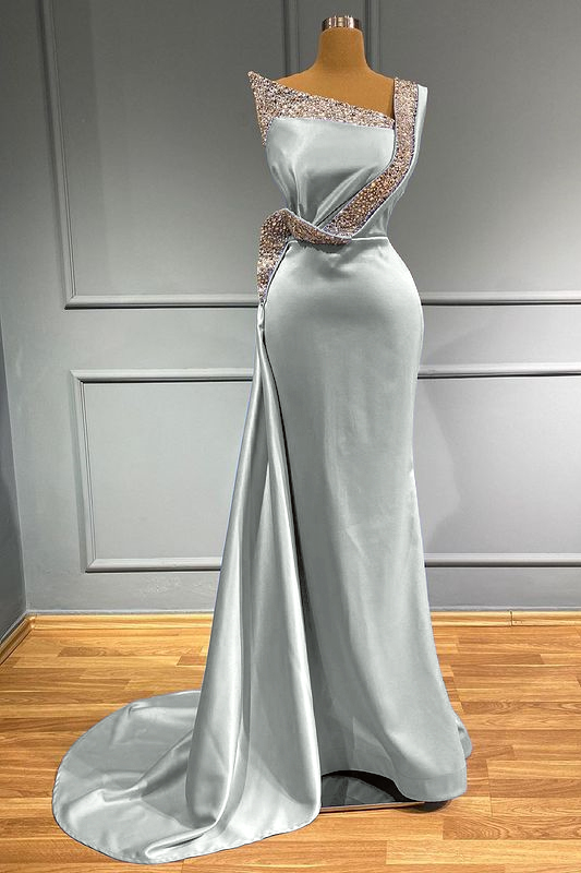 Light Blue One Shoulder Sleeveless Mermaid Long Beads Prom Dress With Ruffles