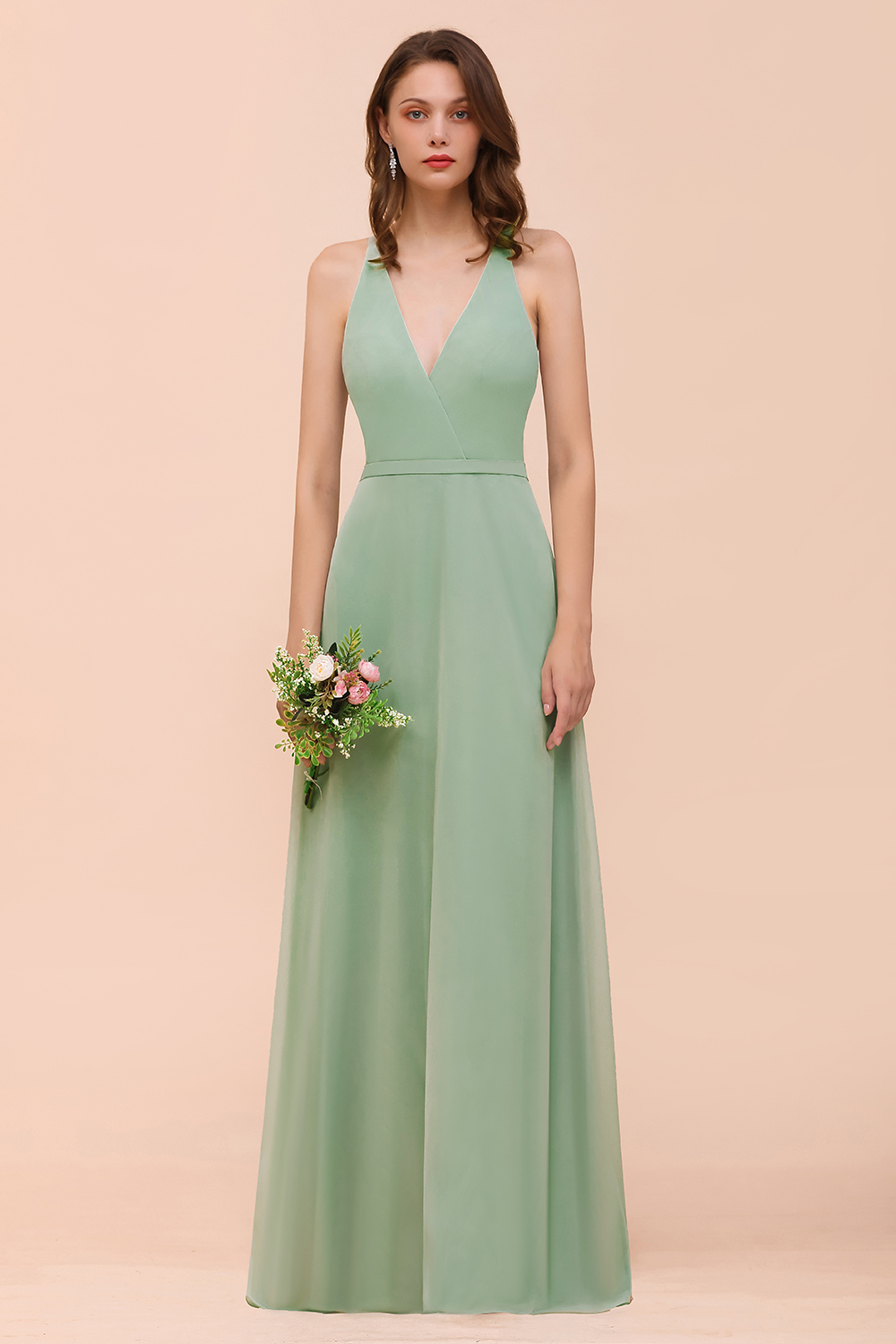 BMbridal Glamorous Dusty Sage V-Neck Straps Affordable Bridesmaid Dress-BMbridal