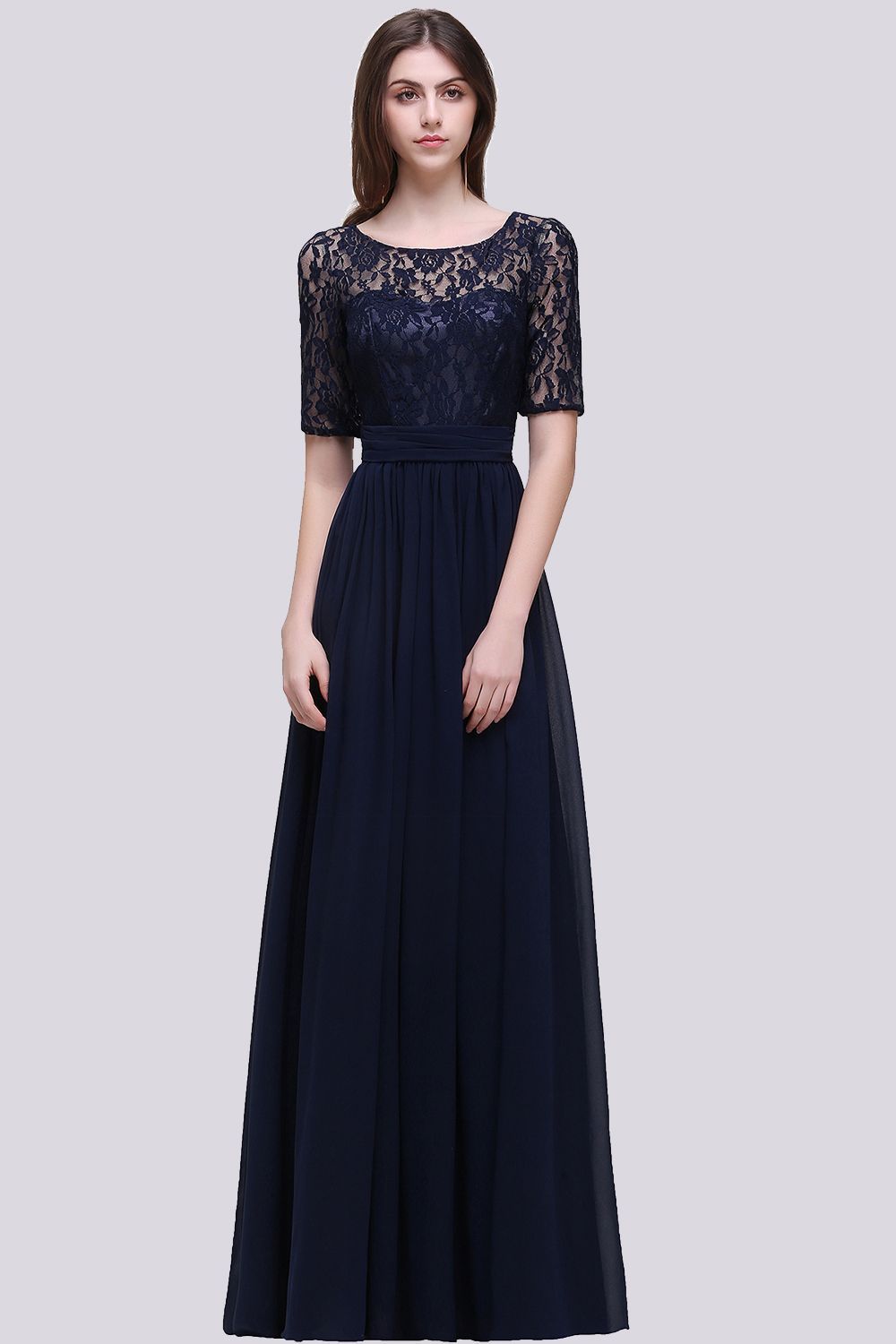 BMbridal Affordable Lace Scoop Dark Navy Bridesmaid Dresses with Half-Sleeves-BMbridal