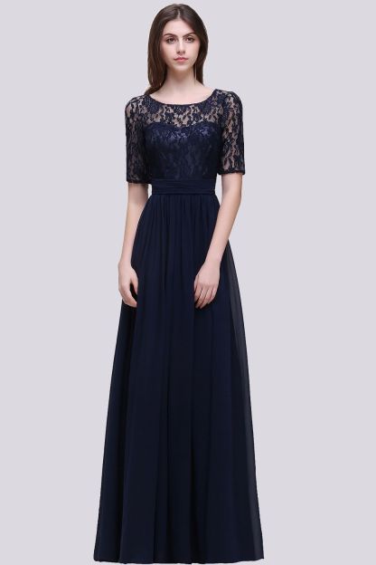 BMbridal Affordable Lace Scoop Dark Navy Bridesmaid Dresses with Half-Sleeves-BMbridal