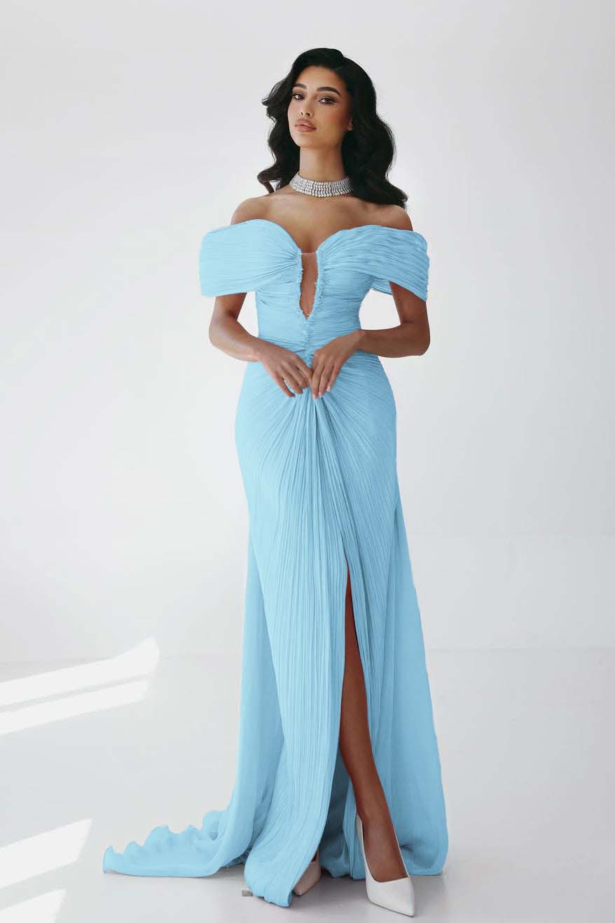 Off the Shoulder Sleeveless Long Mermaid Prom Dress With Ruffles Pleated