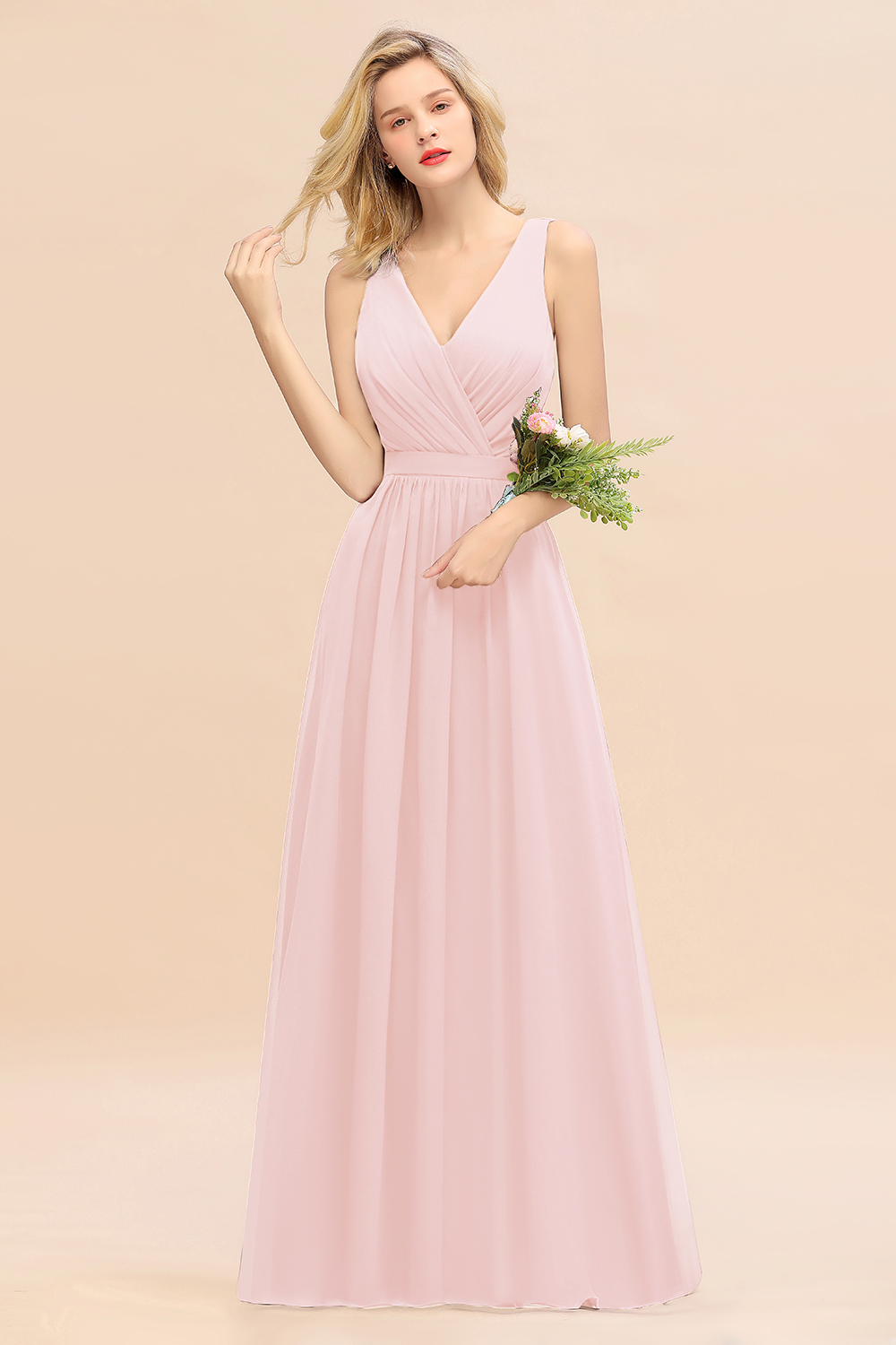 BMbridal Affordable V-Neck Ruffle Long Grape Chiffon Bridesmaid Dress with Bow-BMbridal