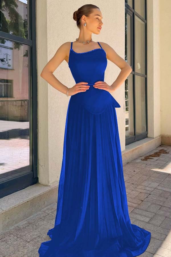 Spaghetti Strap Sleeveless Long Prom Dress With Pleated Sequins
