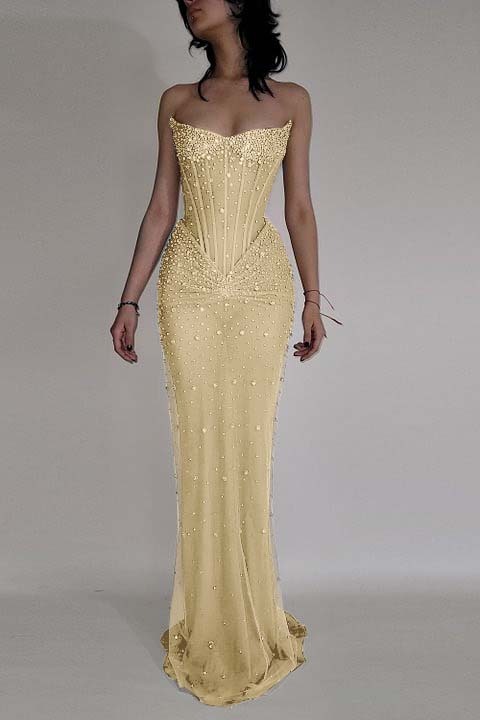 Strapless Sleeveless Mermaid Long Prom Dress With Beading Tulle