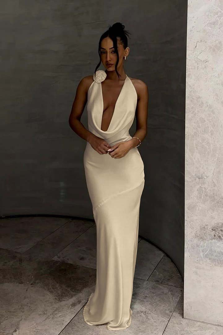 White Halter Sleeveless Mermaid Long Prom Dress With Pleated