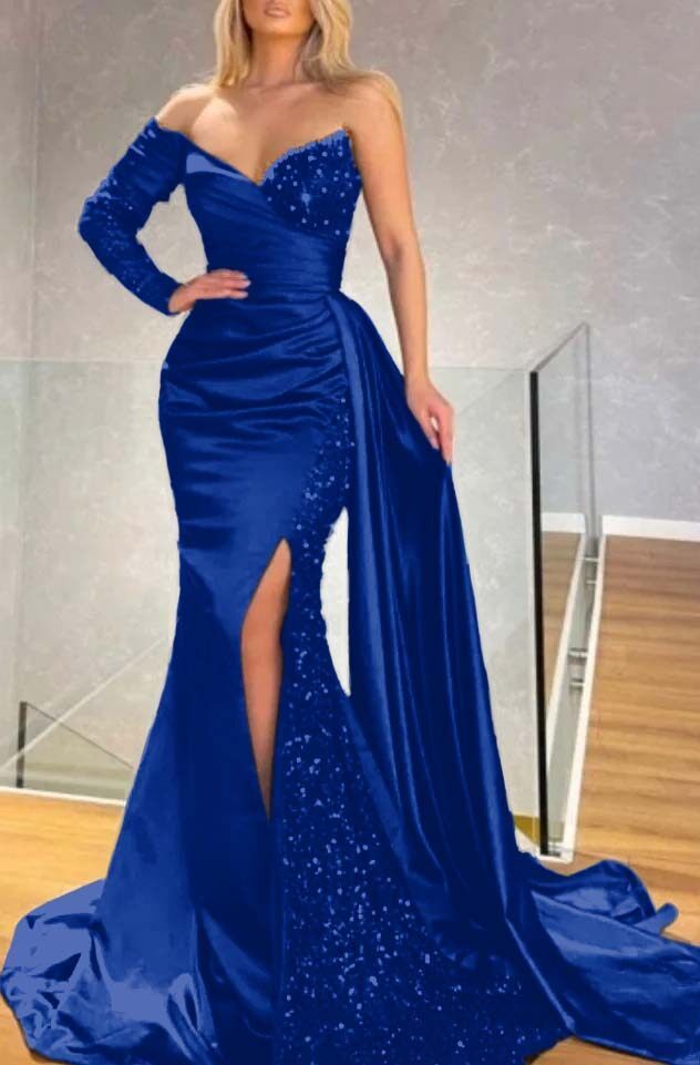 Long Sleeve Strapless Long Split Prom Dress With Pleated Sequins
