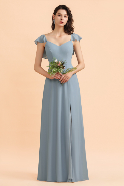 BMbridal Fashion Dusty Blue Chiffon Sweetheart Slit Bridesmaid Dress with Ruffles Online-BMbridal