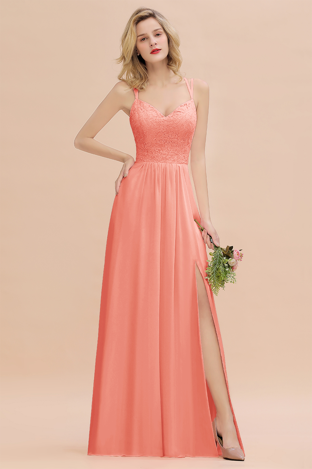 BMbridal Spaghetti-Straps Coral Lace Bridesmaid Dresses with Slit-BMbridal